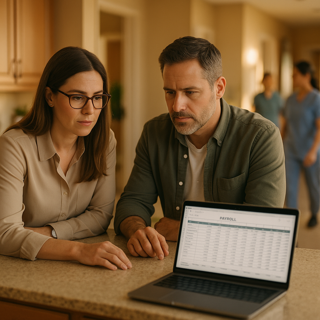 Payroll is the whole business Two working-age managers in business-casual clothing reviewing a payroll spreadsheet on a laptop at a kitchen island inside a residential care home, caregivers moving out of focus in the hallway behind them