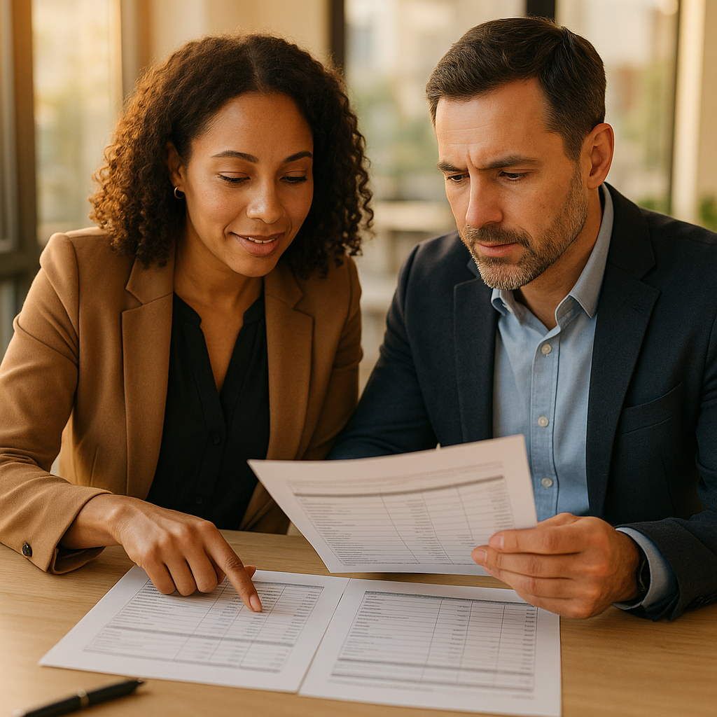 Two working-age real estate professionals reviewing a normalized operating statement and cap rate worksheet at a bright office table