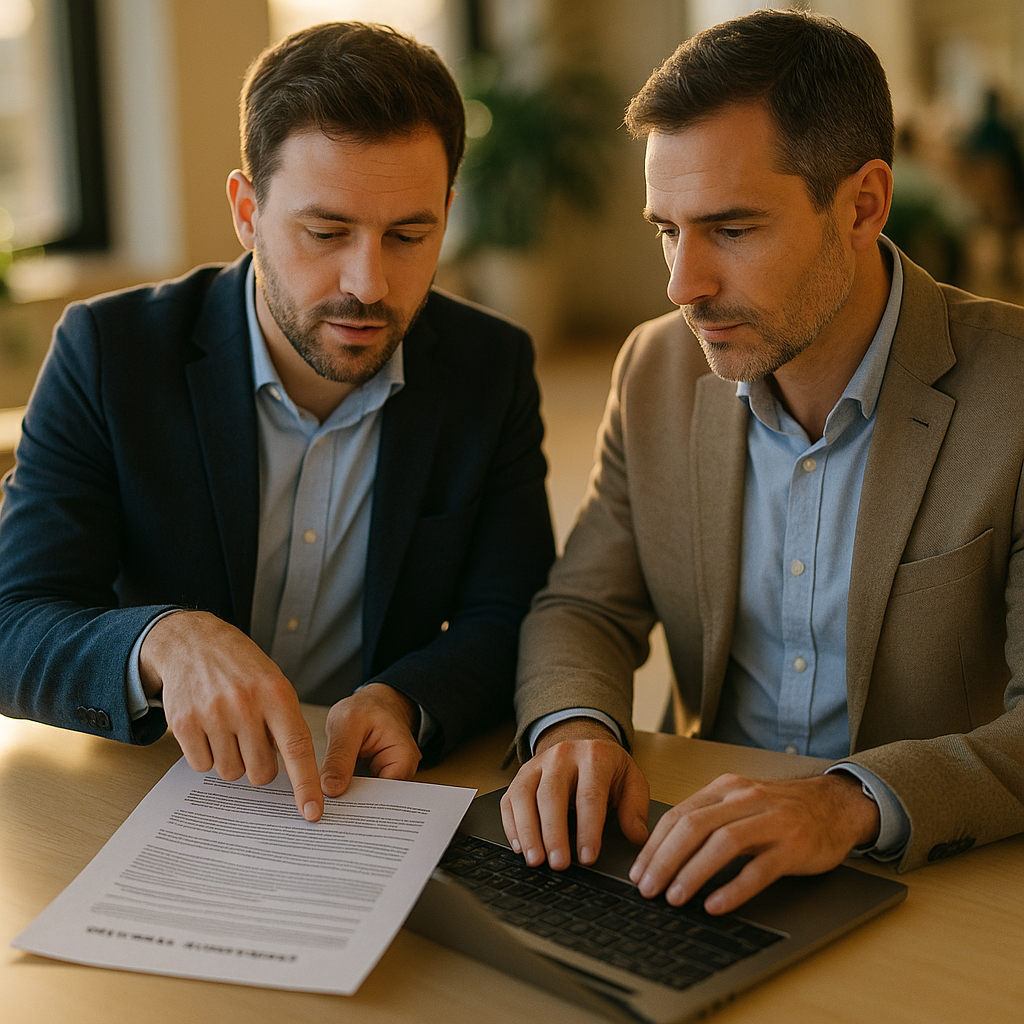 Two working-age real estate professionals in smart-casual business attire at a bright conference table reviewing a two-page referral agreement, one pointing at a clause while the other takes notes on a laptop