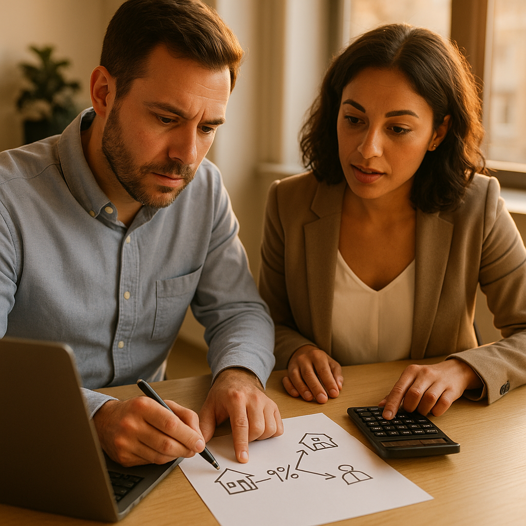 Two working-age business professionals in business-casual clothing at a desk with a laptop and calculator, working through a commission split diagram drawn on paper in a bright office