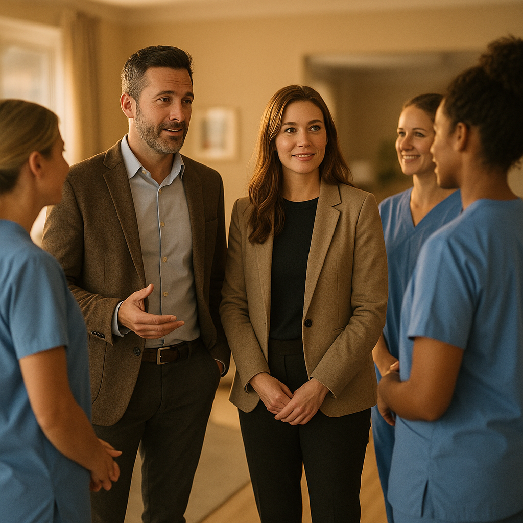 Two working-age professionals in smart-casual attire talking with a small group of care staff in a bright residential care home common room, warm daylight, attentive body language