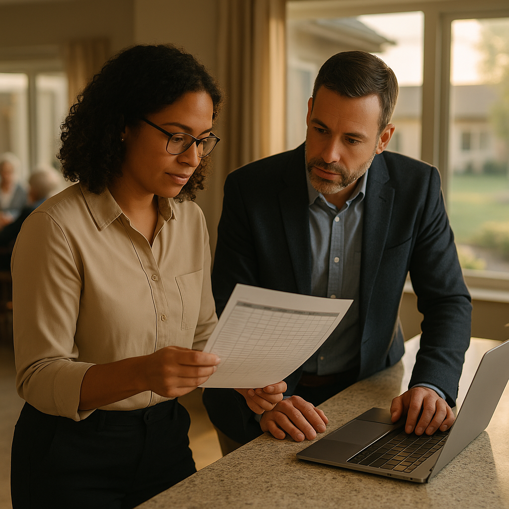 Two working-age professionals in business-casual attire reviewing a printed staffing roster at a kitchen island in a residential care home office, laptop open, daylight through a window