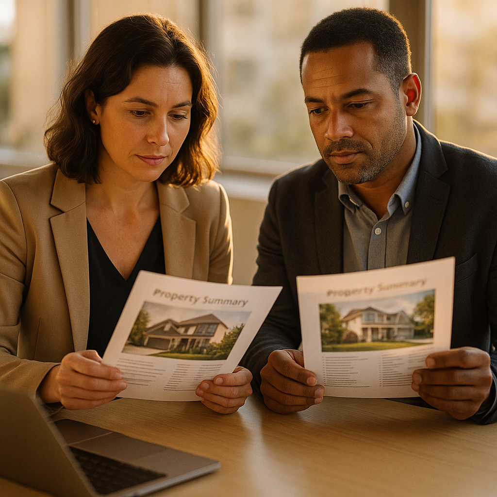 Two working-age professionals in smart-casual attire comparing two printed property summaries side by side at an office table with a laptop, bright natural light