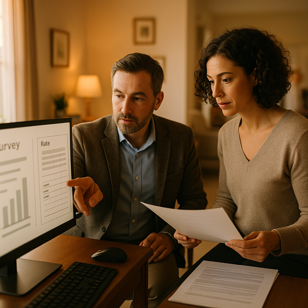 Two working-age professionals in business-casual attire reviewing a survey file and a rate sheet on a monitor in a small care home office, residential furnishings behind them