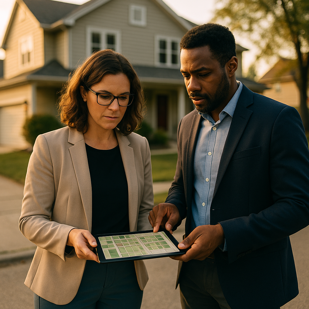 Two working-age professionals in smart-casual attire on a suburban residential street reviewing a parcel map on a tablet in front of a large single-family house, daylight