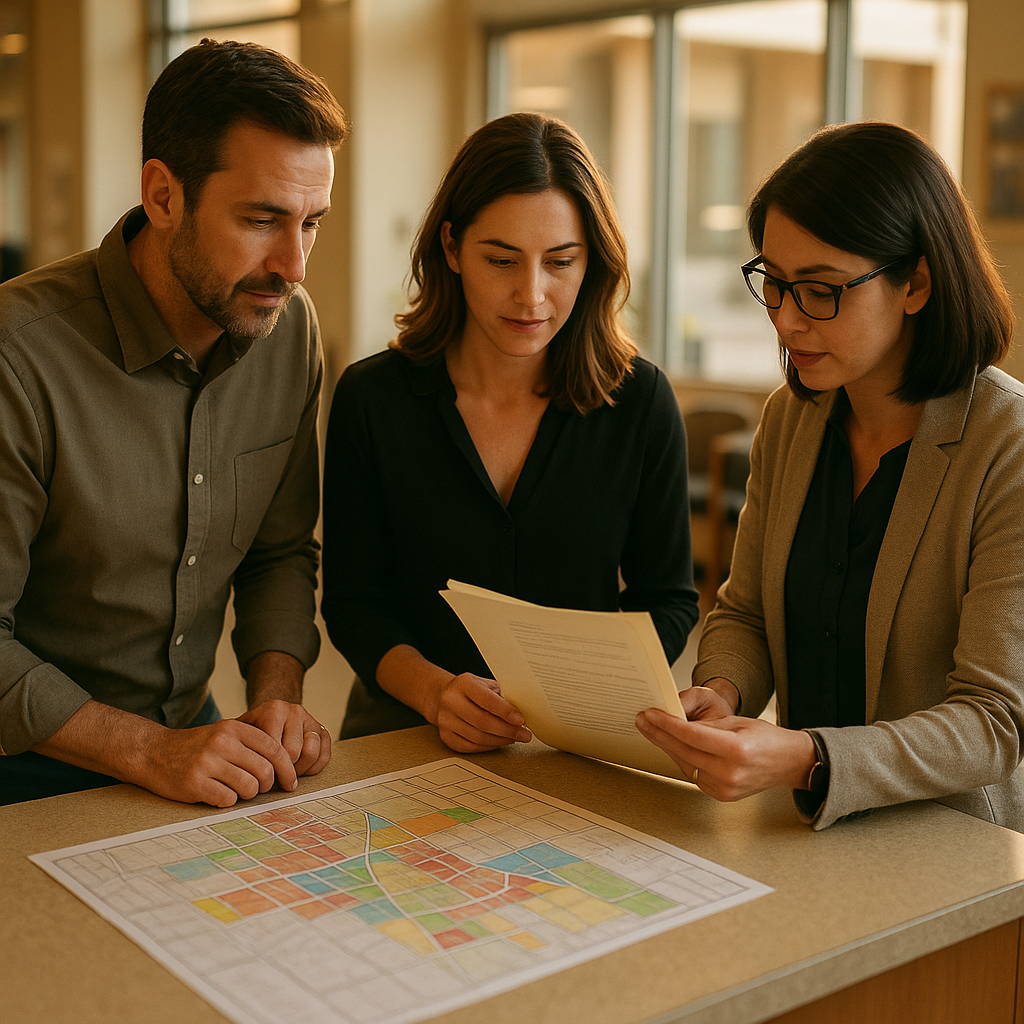 Two working-age professionals in business-casual clothing at a municipal planning counter examining a zoning map and a printed permit file with a staff member, public office interior